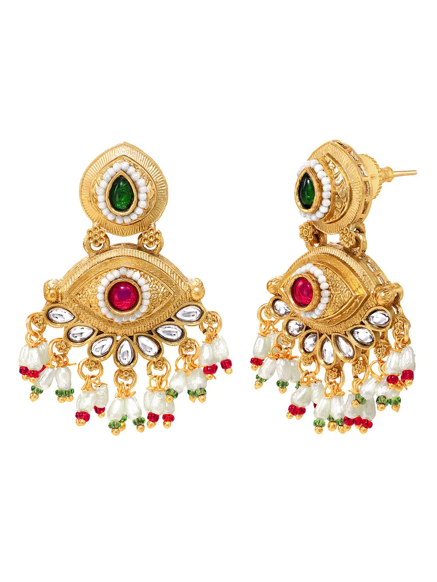 Gold Plated Kundan Pink Green Grand Earrings