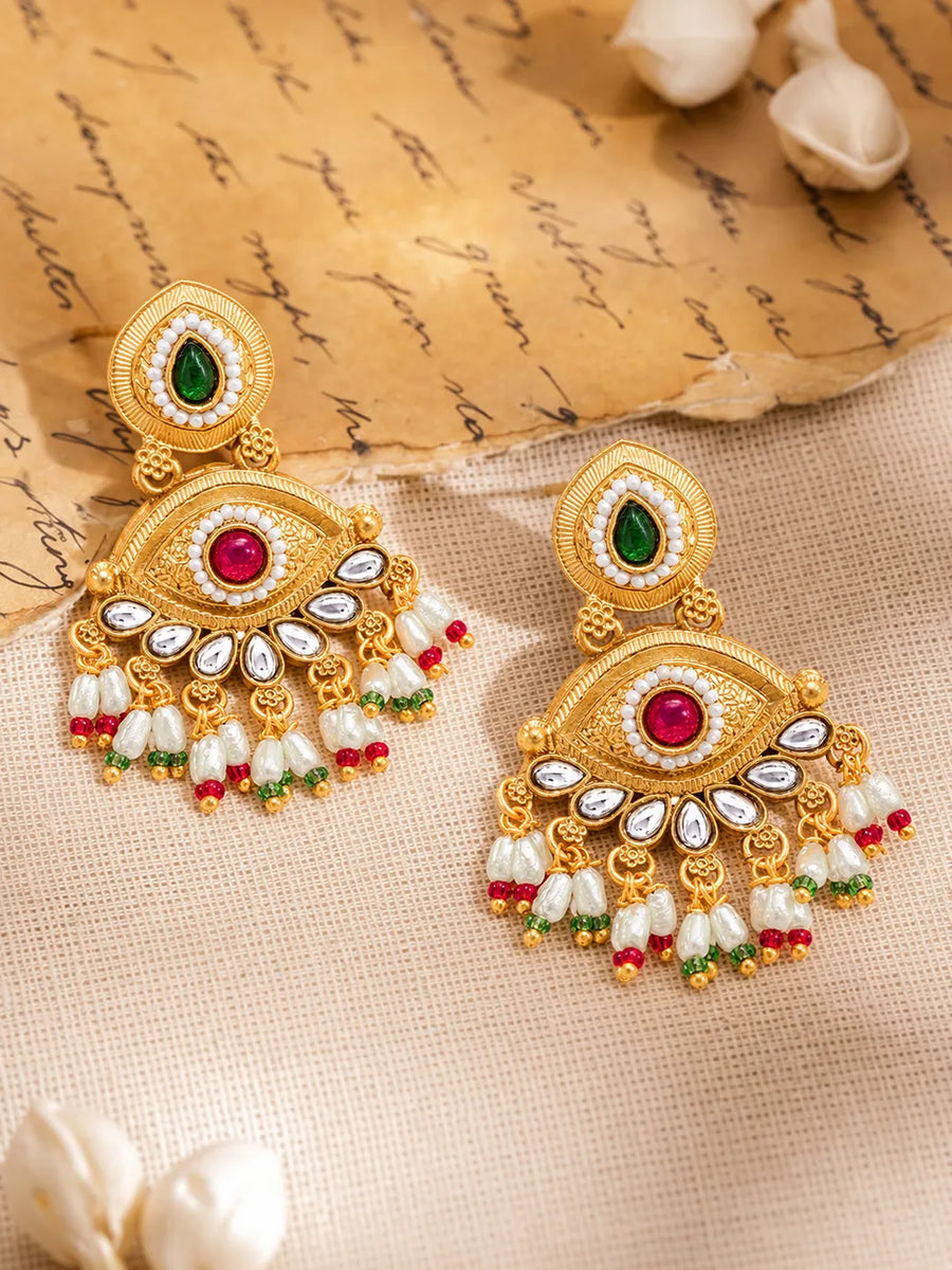 Gold Plated Kundan Pink Green Grand Earrings