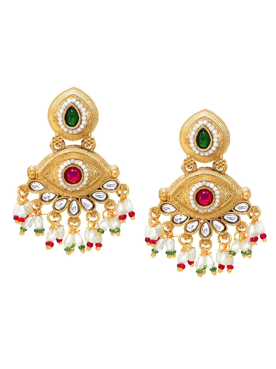 Gold Plated Kundan Pink Green Grand Earrings
