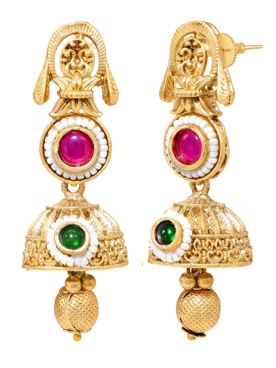 Gold Plated Pink Green Vintage Earrings
