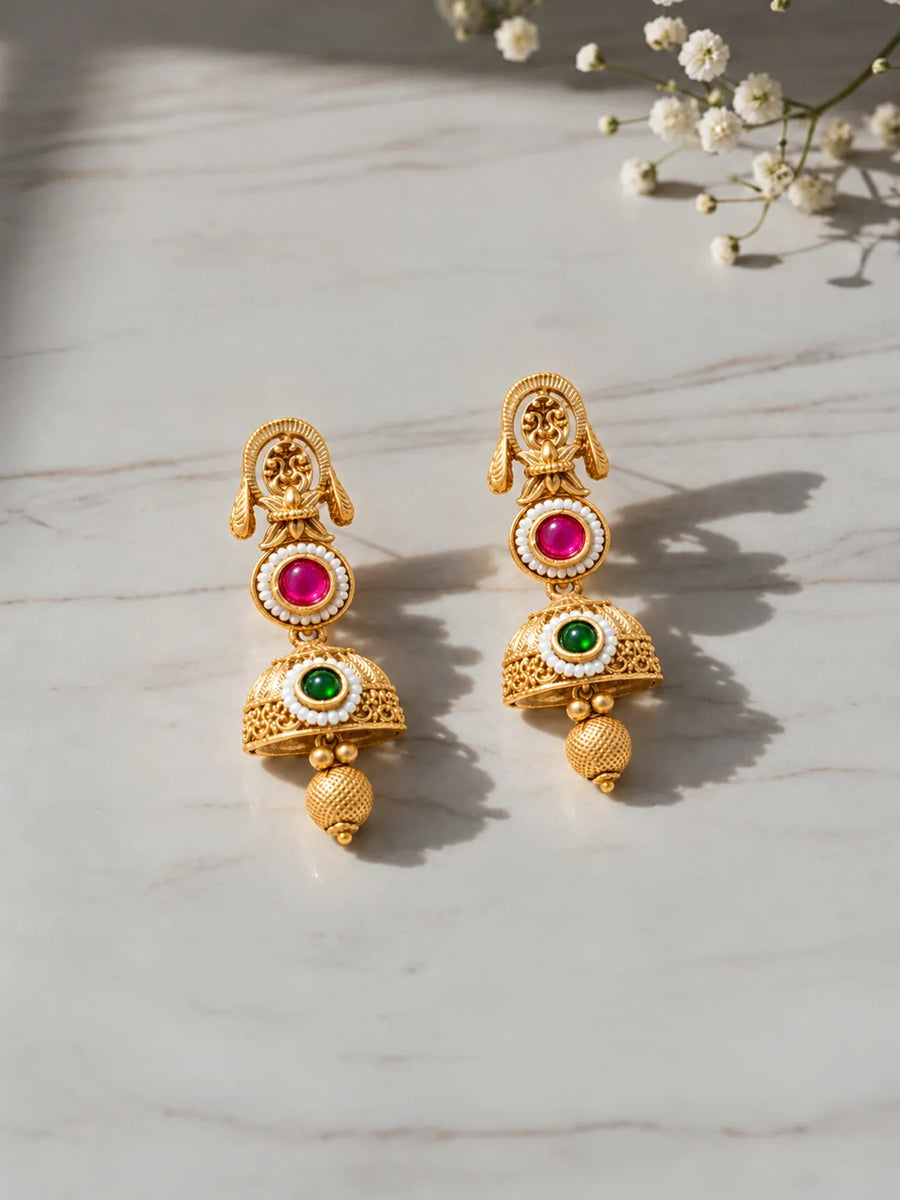 Gold Plated Pink Green Vintage Earrings