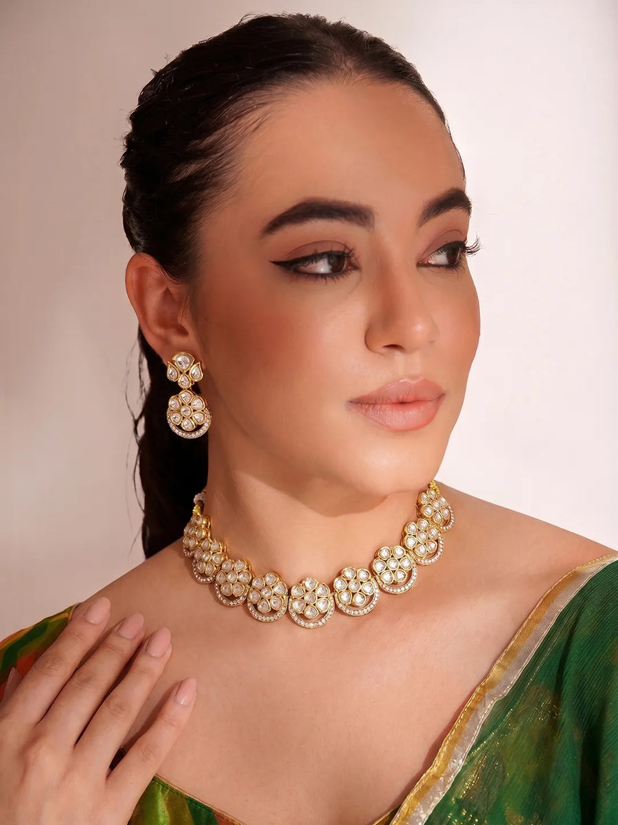 Gold Plated Floral Halo Kundan Necklace Set
