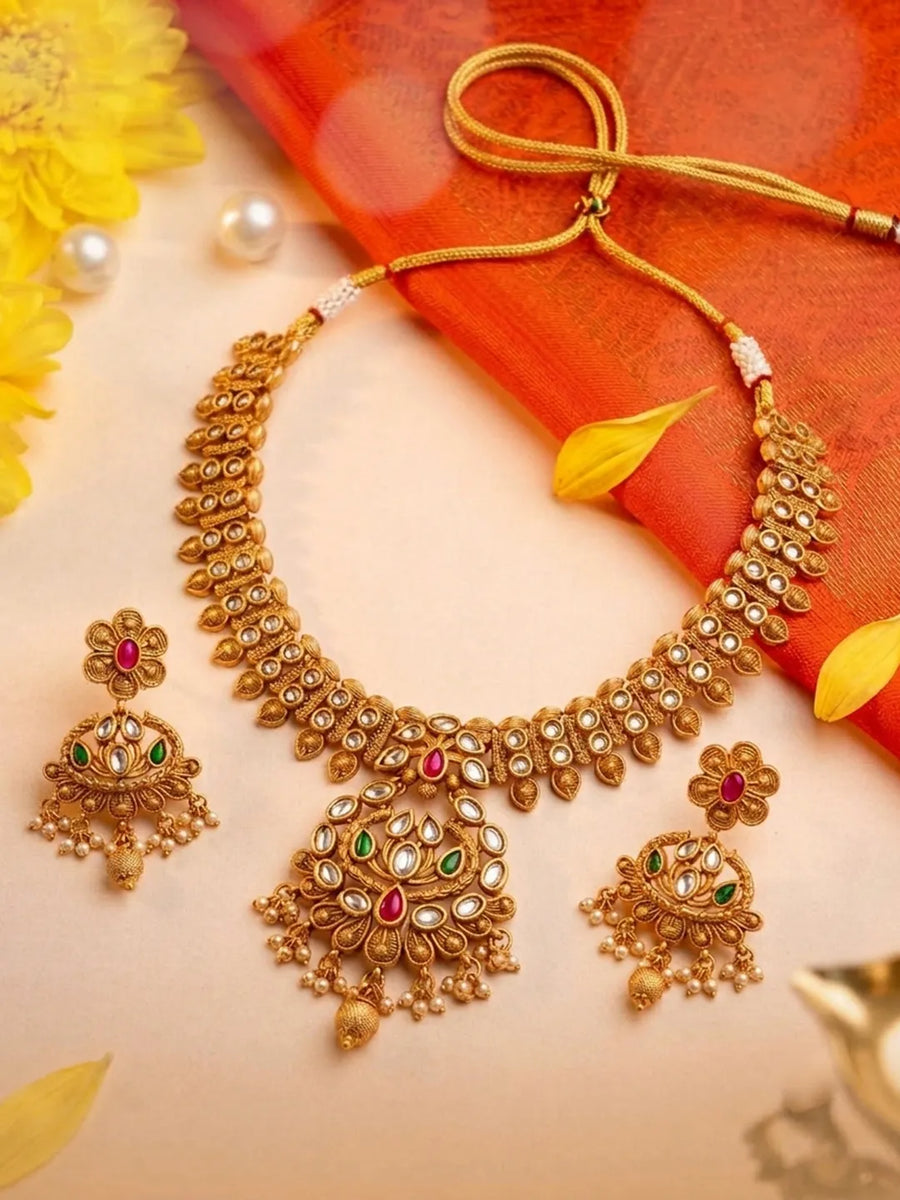 Gold Plated Kundan Leaf Medallion Set