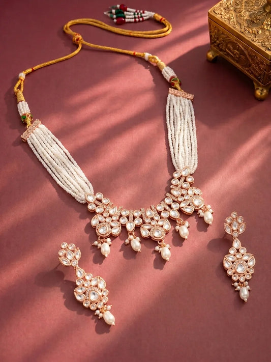 Gold Plated Pearl Drop Kundan Necklace Set