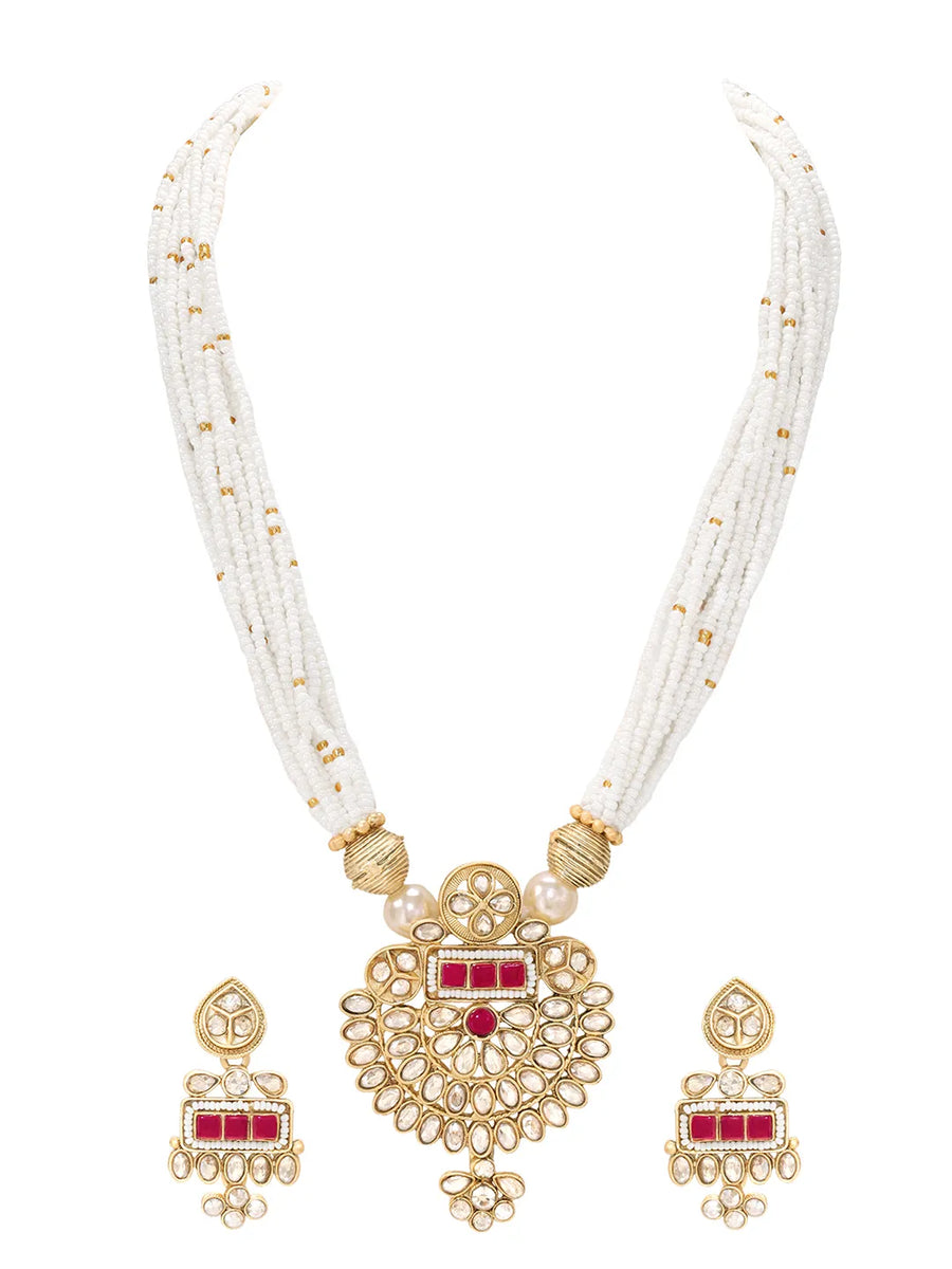 Gold Plated Pearl Ruby Medallion Necklace Set