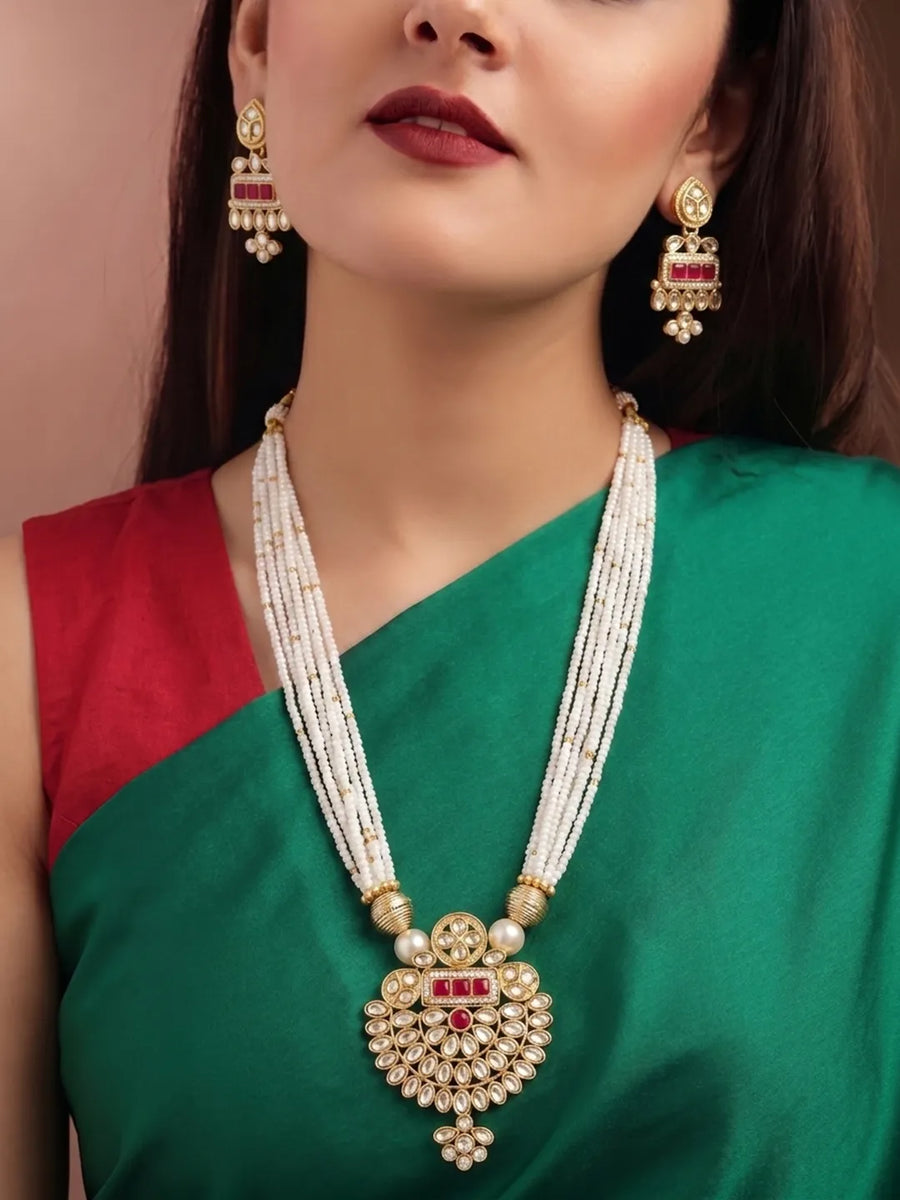 Gold Plated Pearl Ruby Medallion Necklace Set