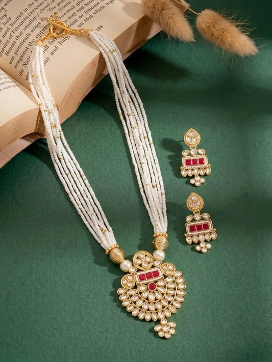 Gold Plated Pearl Ruby Medallion Necklace Set