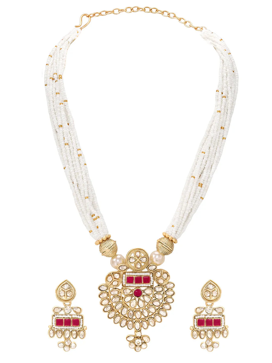 Gold Plated Pearl Ruby Medallion Necklace Set