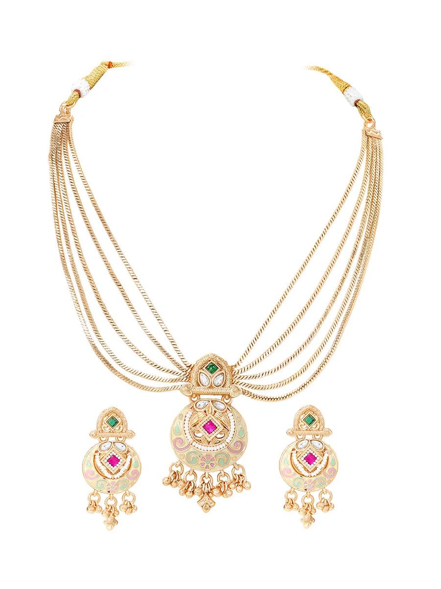 Gold Plated Kundan Multi Chain Necklace Set