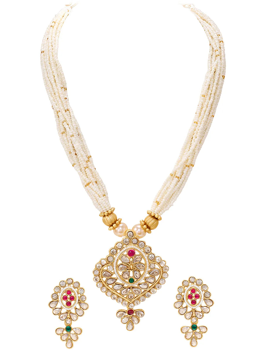 Gold Plated Floral Kundan Pearl Necklace Set