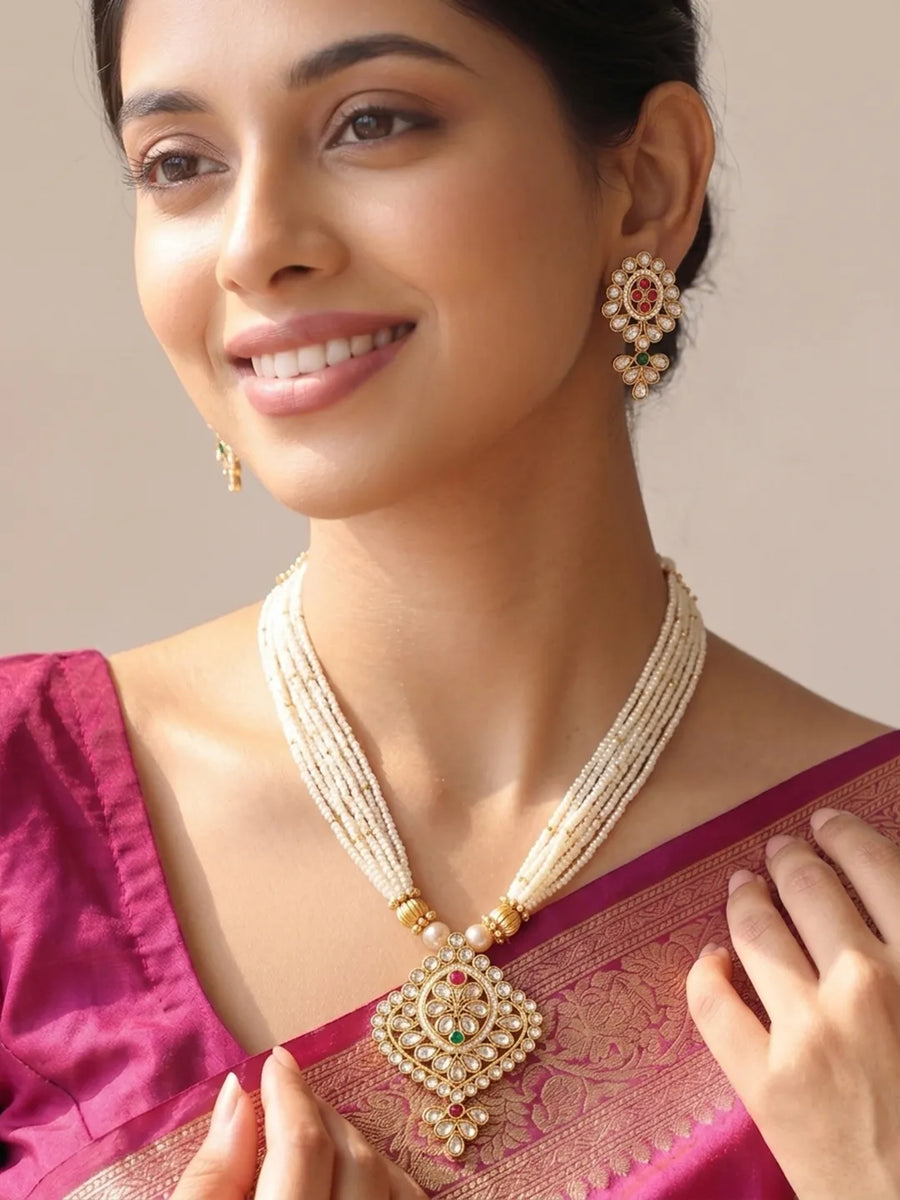 Gold Plated Floral Kundan Pearl Necklace Set