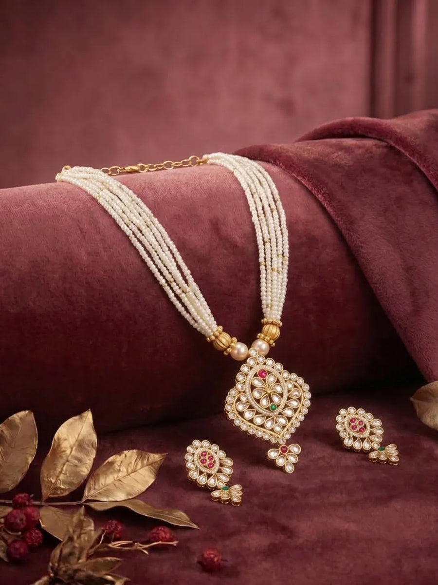 Gold Plated Floral Kundan Pearl Necklace Set