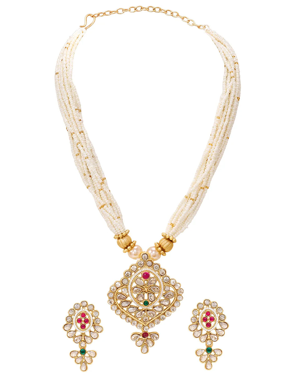Gold Plated Floral Kundan Pearl Necklace Set