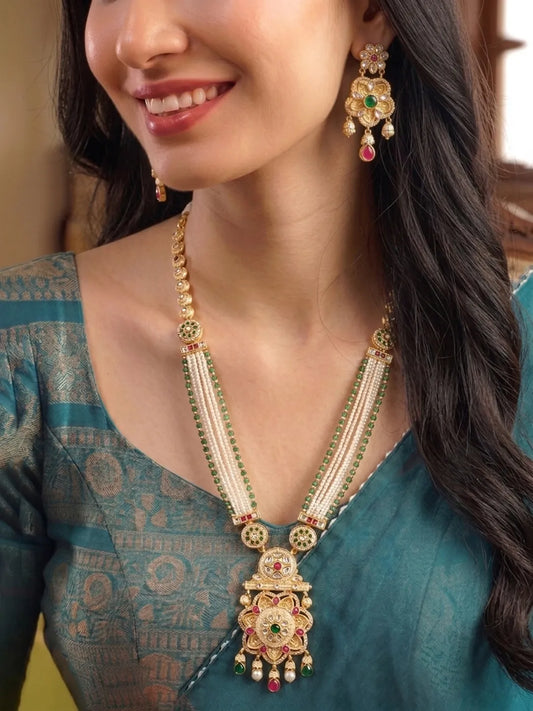 Gold Plated Regal Lotus Pearl Necklace Set