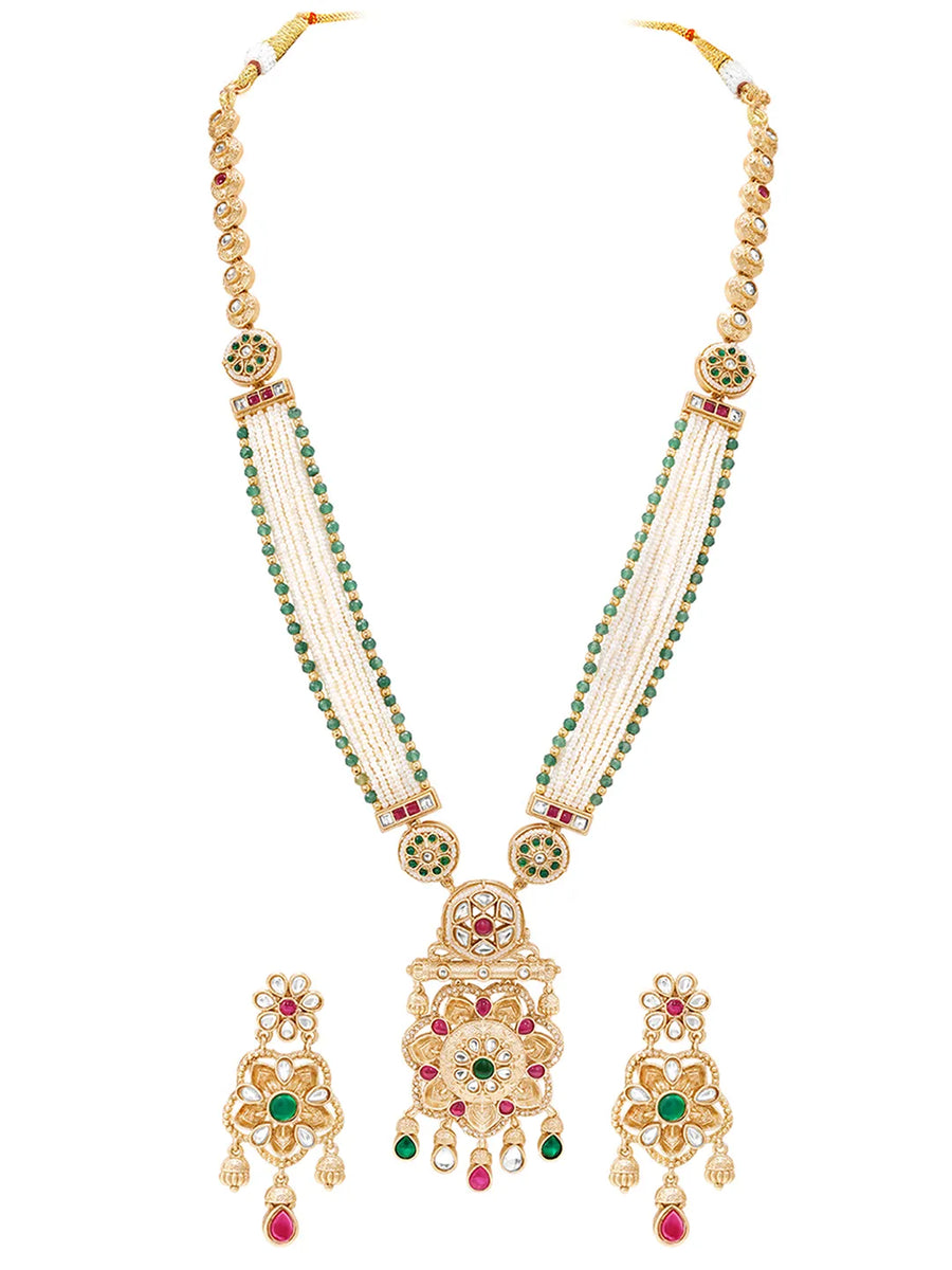 Gold Plated Regal Lotus Pearl Necklace Set
