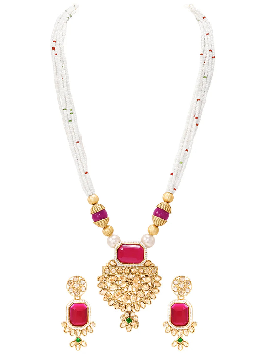 Gold Plated Ruby Pearl Kundan Necklace Set