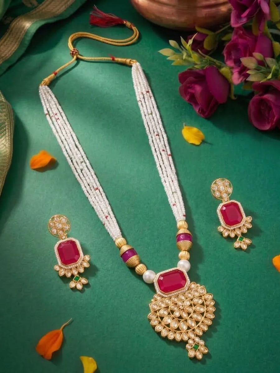 Gold Plated Ruby Pearl Kundan Necklace Set