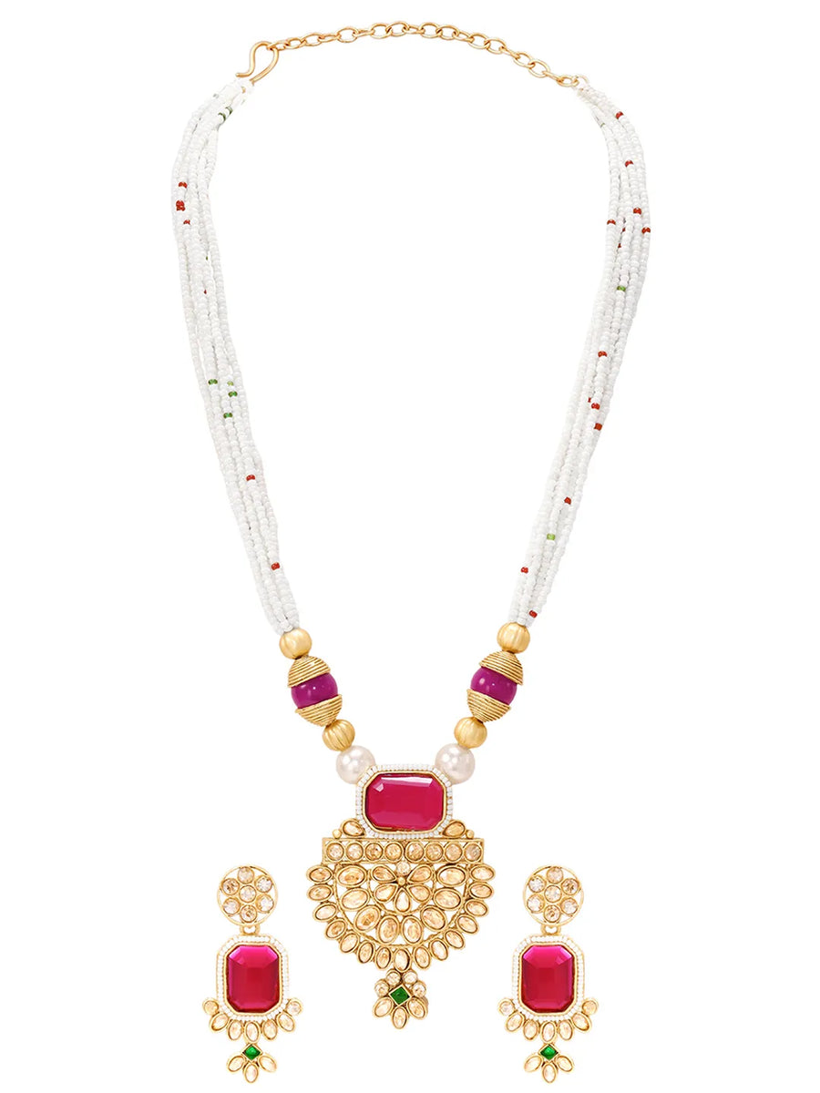 Gold Plated Ruby Pearl Kundan Necklace Set