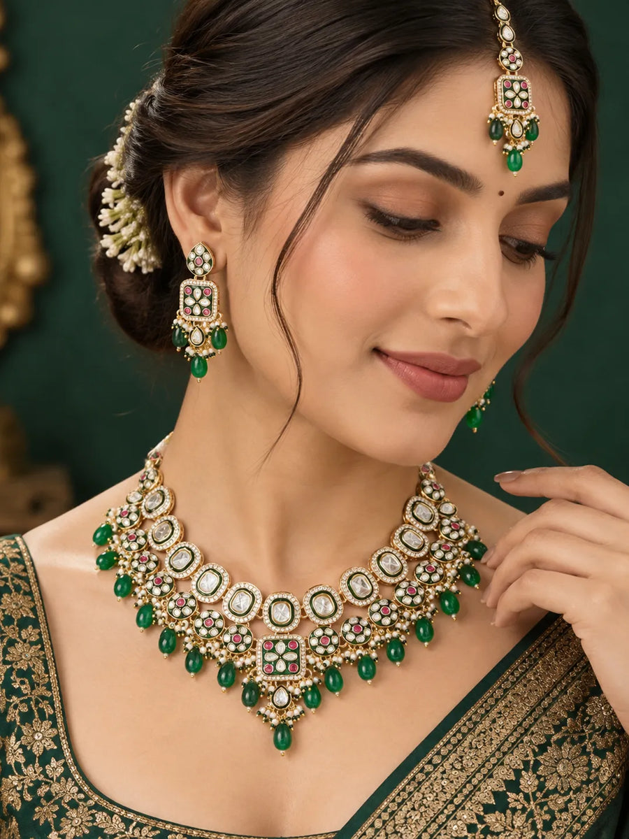 Gold Plated Kundan Bead Necklace Set for Women