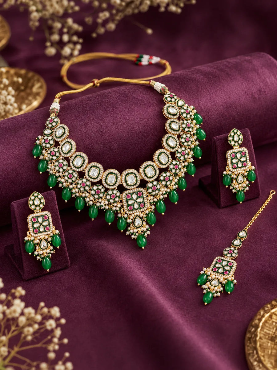 Gold Plated Kundan Bead Necklace Set for Women