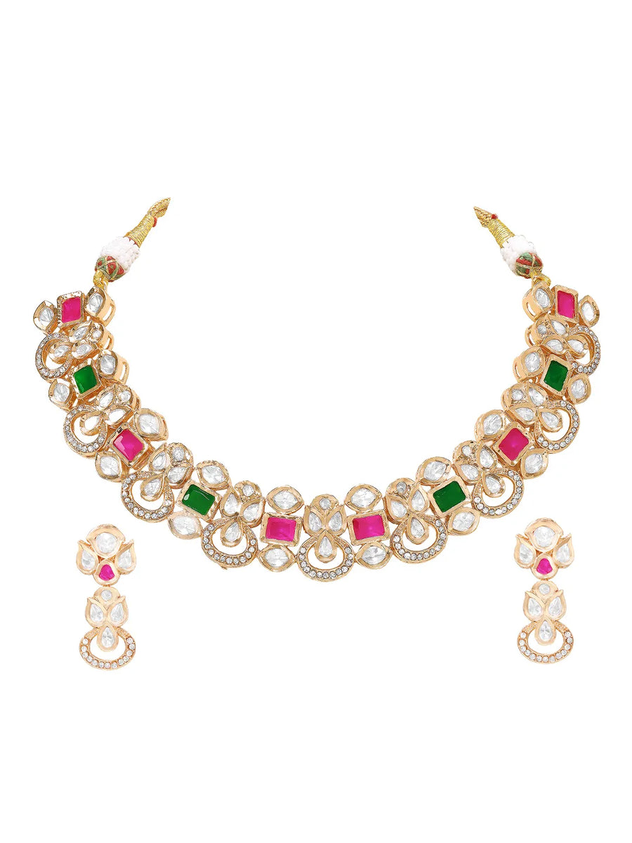 Gold Plated Ruby Emerald Kundan Necklace Set