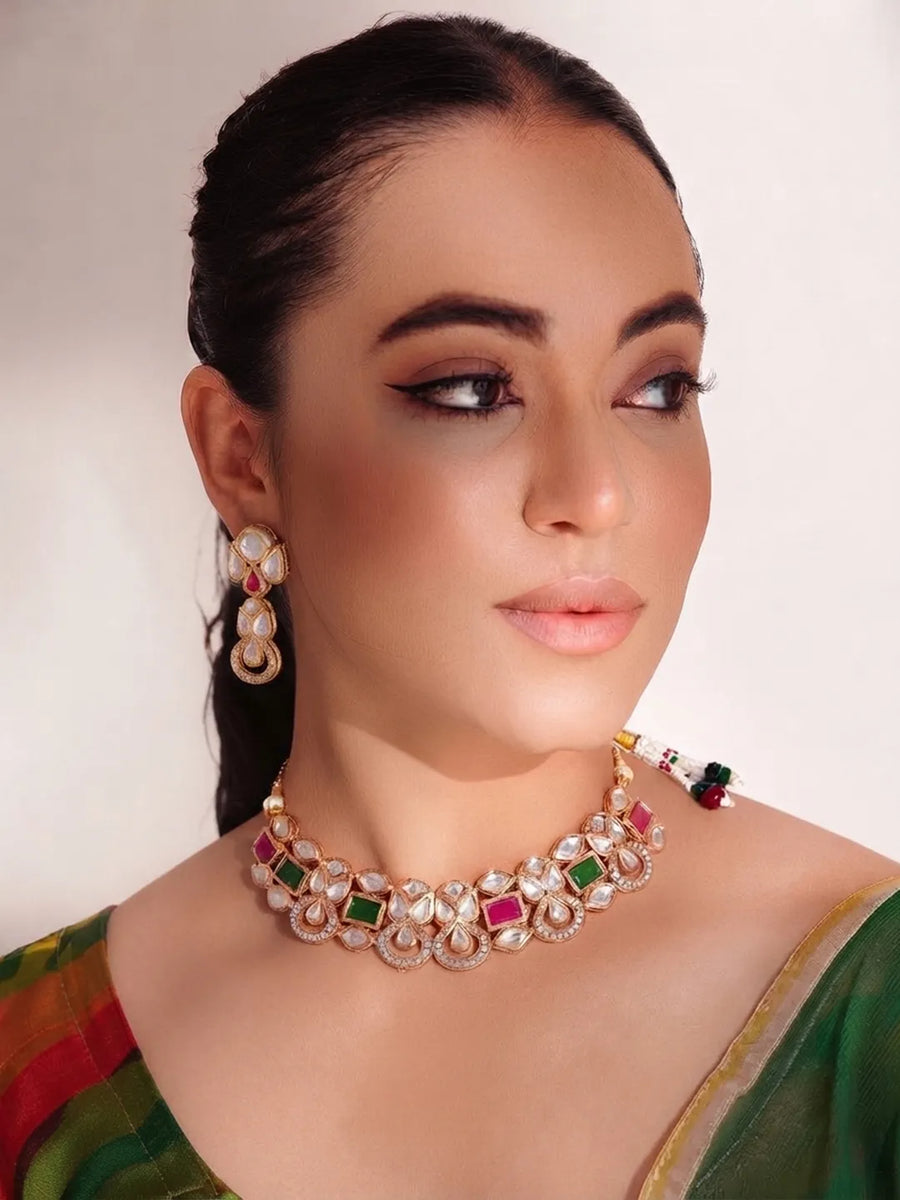 Gold Plated Ruby Emerald Kundan Necklace Set