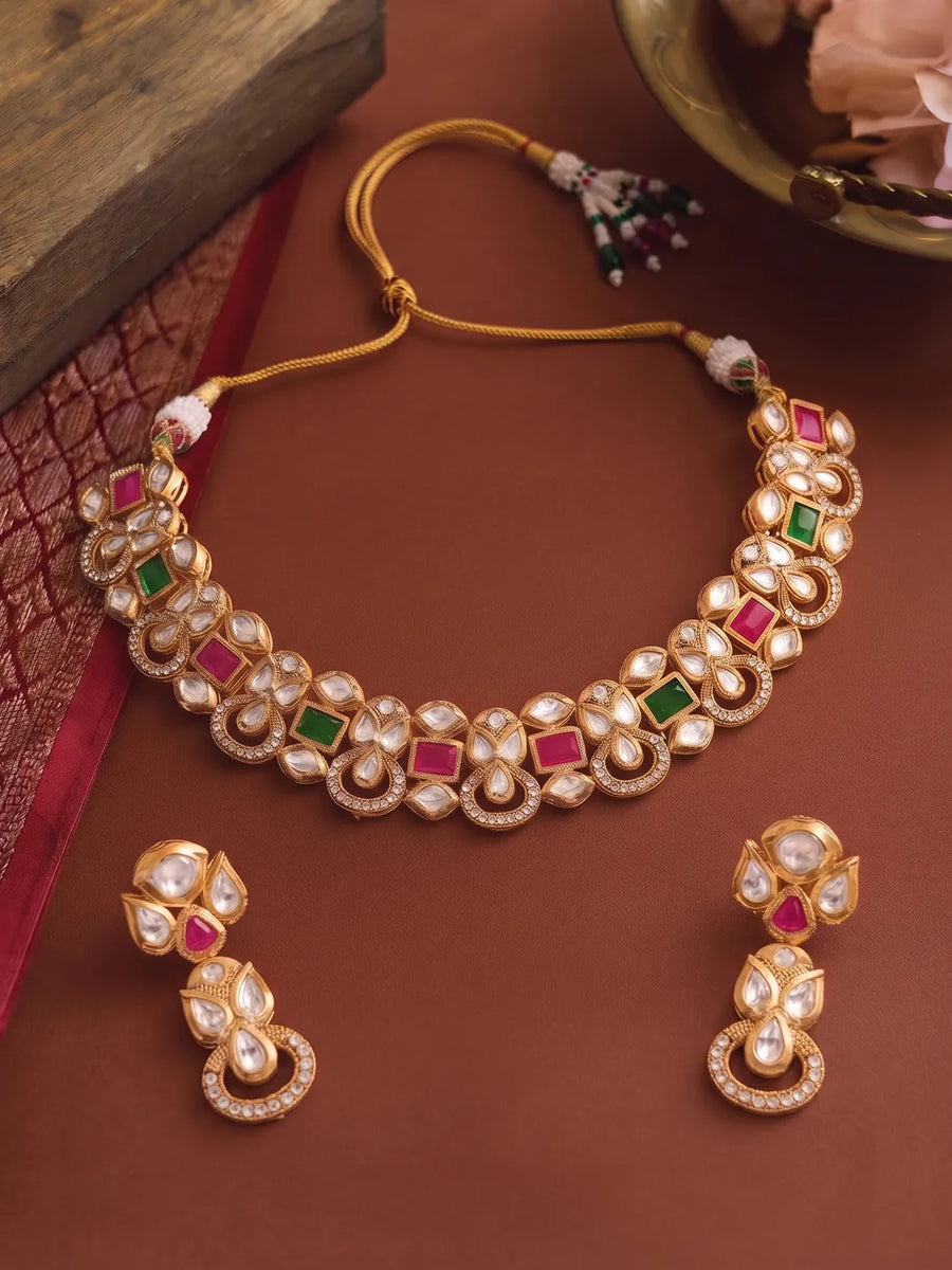 Gold Plated Ruby Emerald Kundan Necklace Set