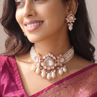 Rose Gold Plated White Pearl Kundan Necklace Set