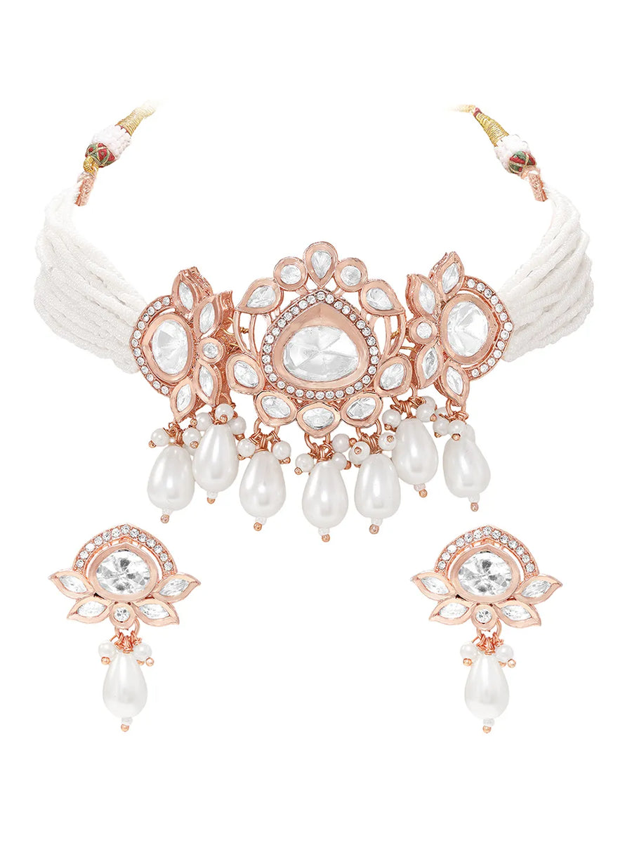 Rose Gold Plated White Pearl Kundan Necklace Set