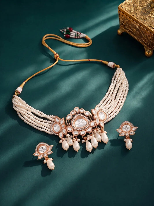 Rose Gold Plated White Pearl Kundan Necklace Set
