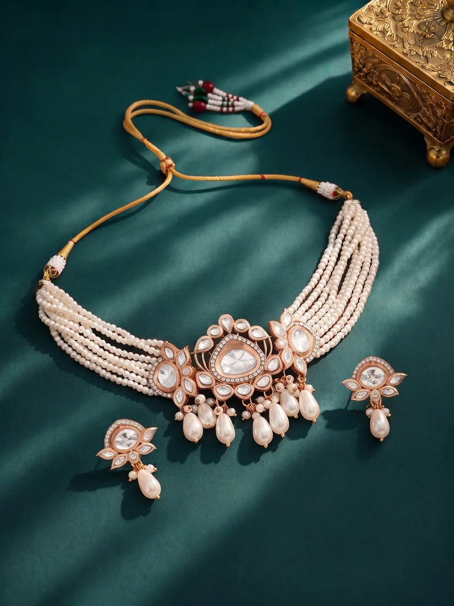 Rose Gold Plated White Pearl Kundan Necklace Set