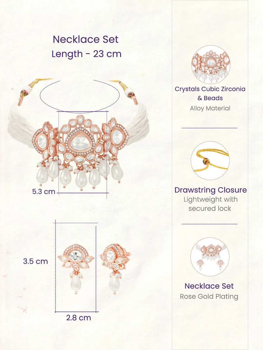 Rose Gold Plated White Pearl Kundan Necklace Set
