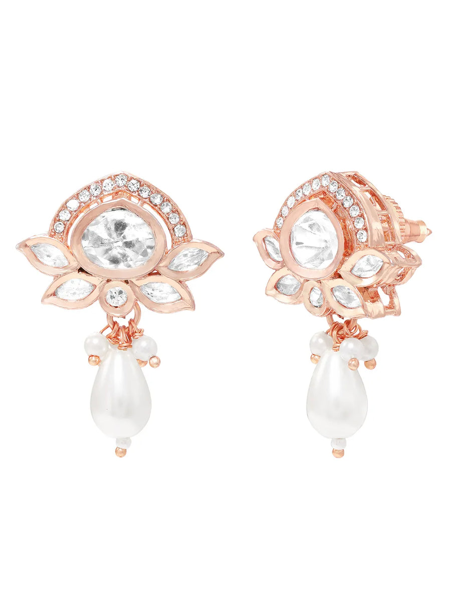 Rose Gold Plated White Pearl Kundan Necklace Set