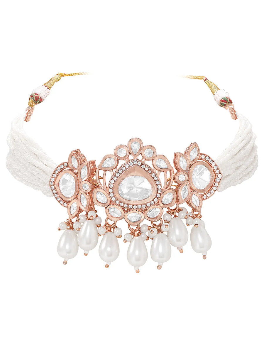 Rose Gold Plated White Pearl Kundan Necklace Set