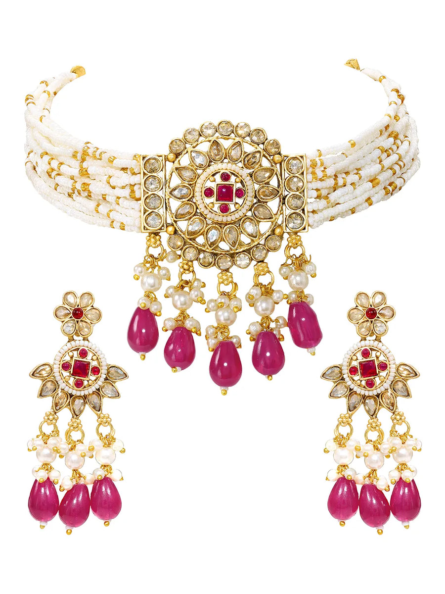 Gold Plated Ruby Crystal Bead Regal Necklace Set