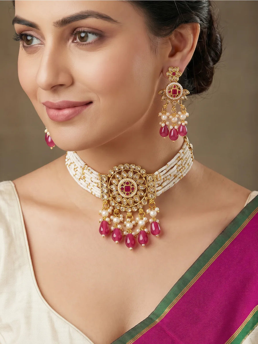 Gold Plated Ruby Crystal Bead Regal Necklace Set