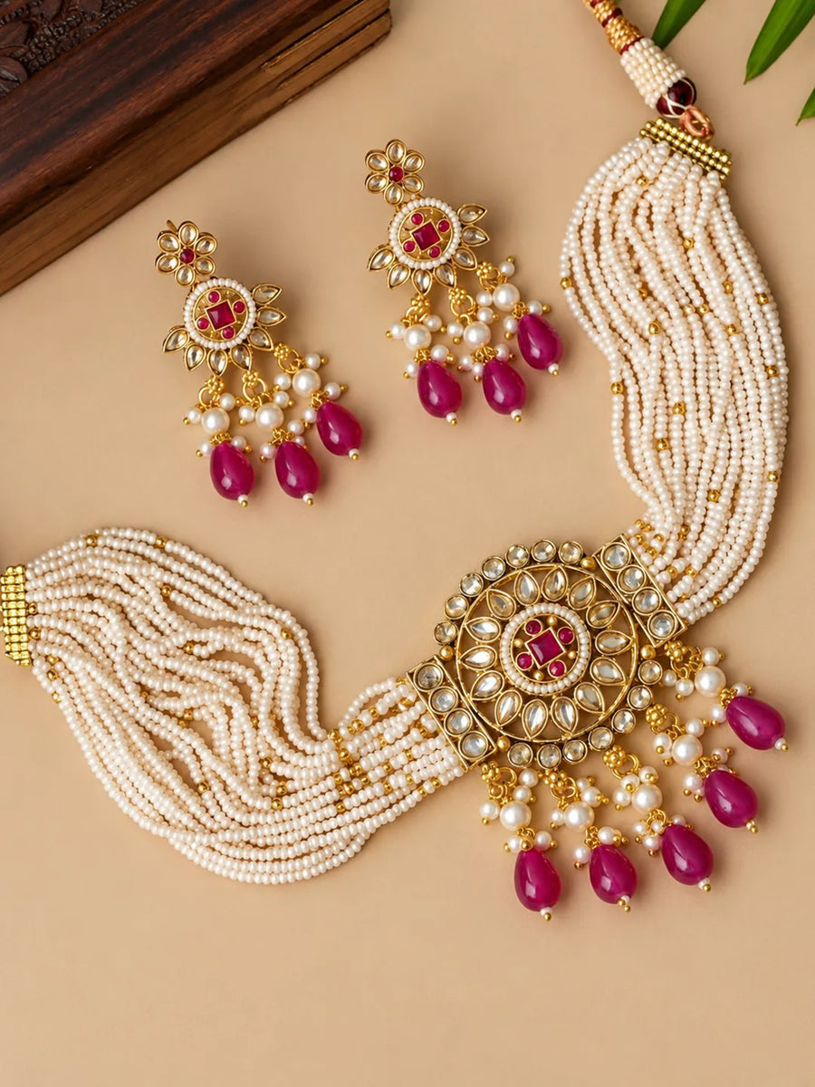 Gold Plated Ruby Crystal Bead Regal Necklace Set