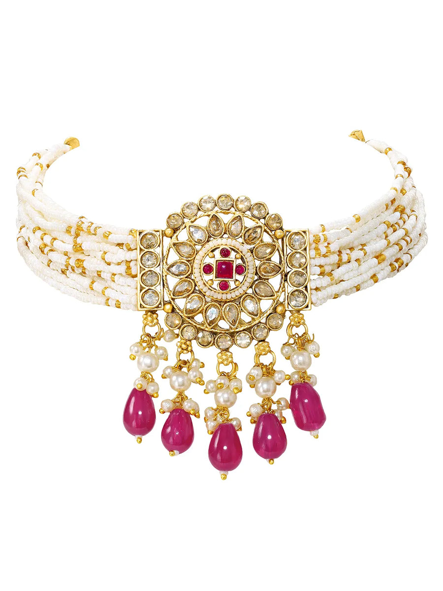 Gold Plated Ruby Crystal Bead Regal Necklace Set