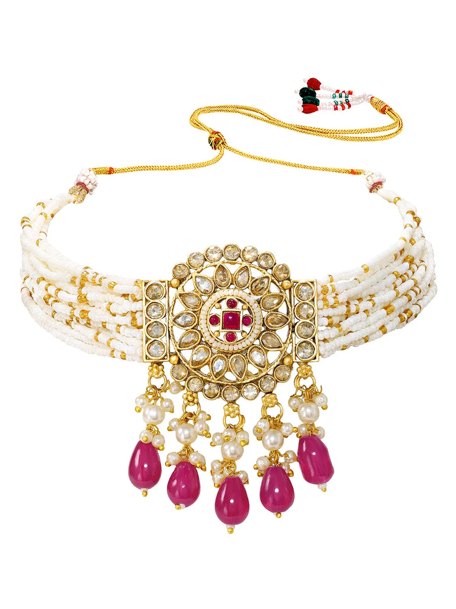 Gold Plated Ruby Crystal Bead Regal Necklace Set