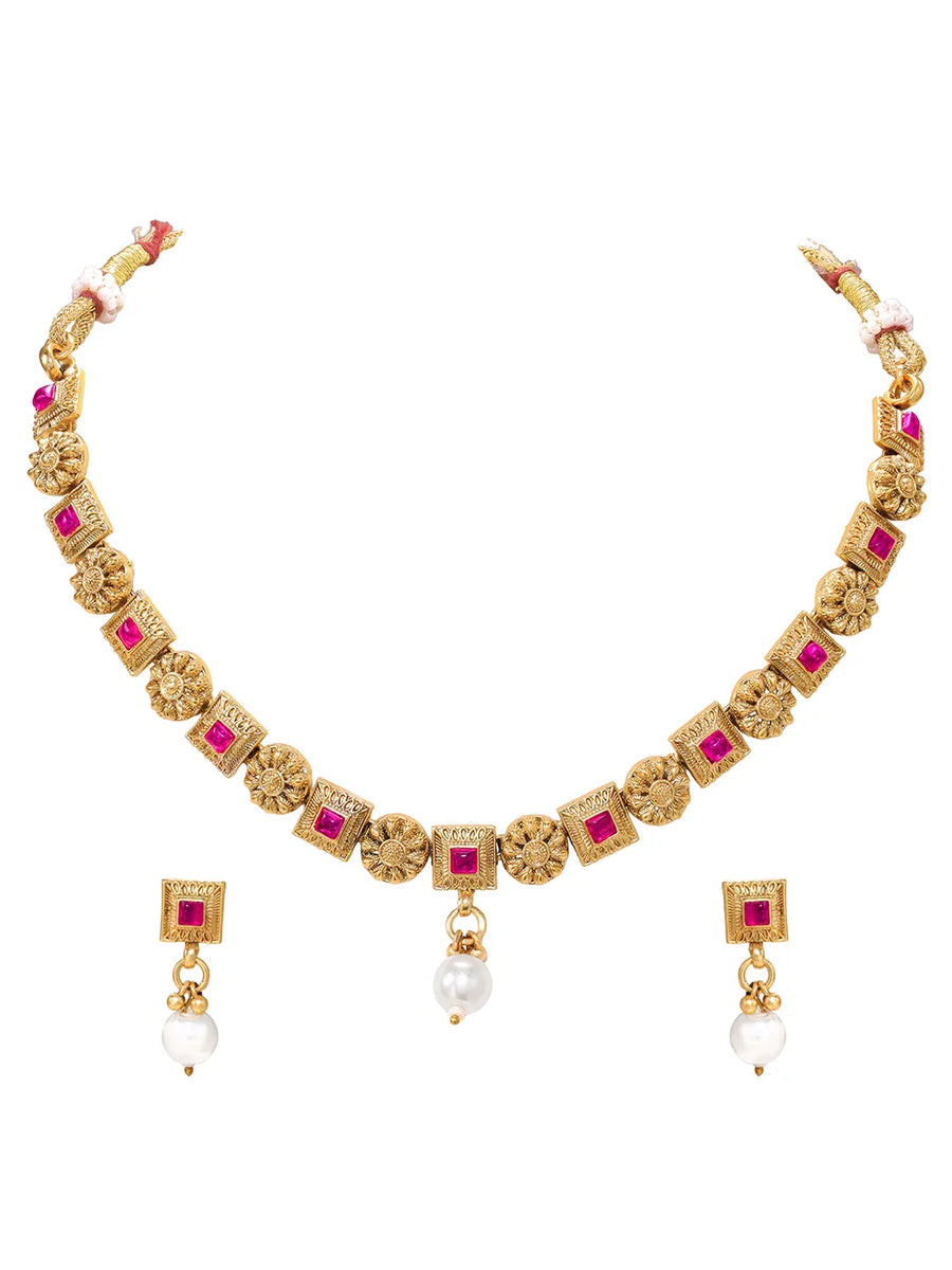Gold Plated Ruby Pearl Ornate Necklace Set