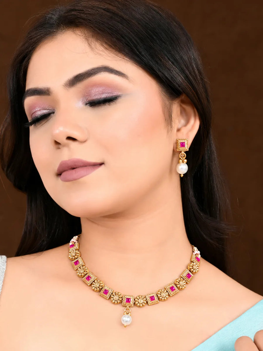 Gold Plated Ruby Pearl Ornate Necklace Set
