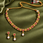 Gold Plated Ruby Pearl Ornate Necklace Set