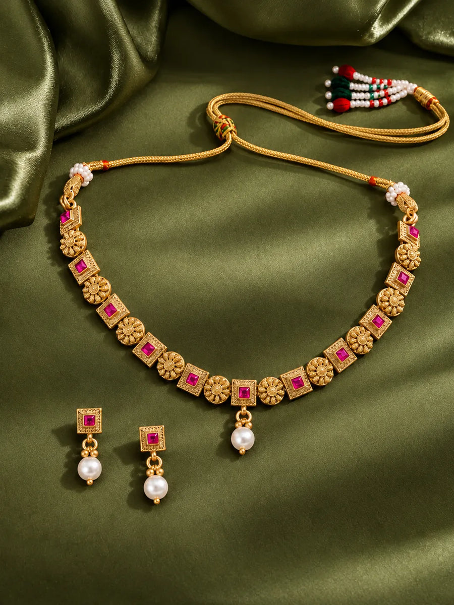 Gold Plated Ruby Pearl Ornate Necklace Set