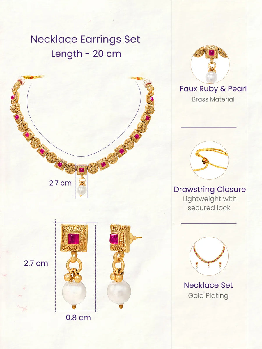 Gold Plated Ruby Pearl Ornate Necklace Set