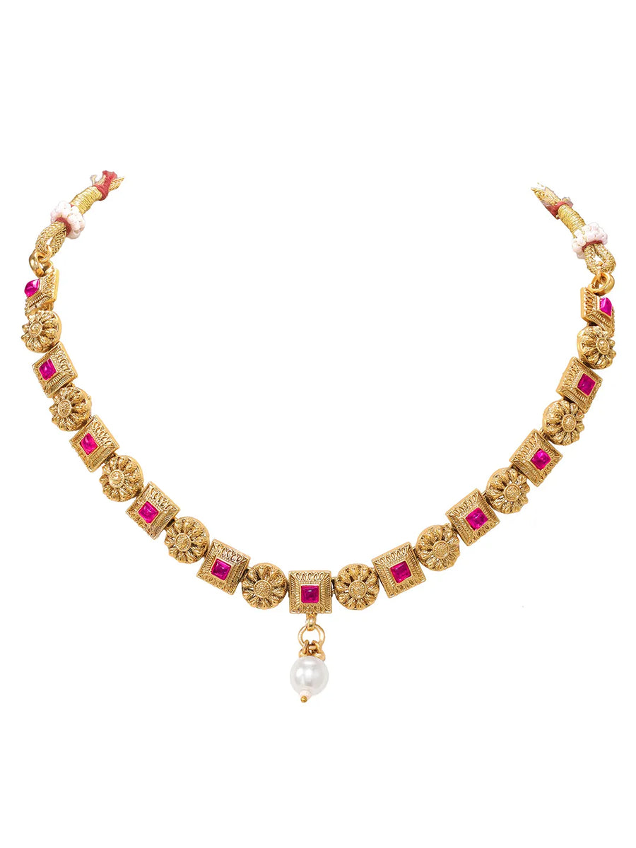 Gold Plated Ruby Pearl Ornate Necklace Set