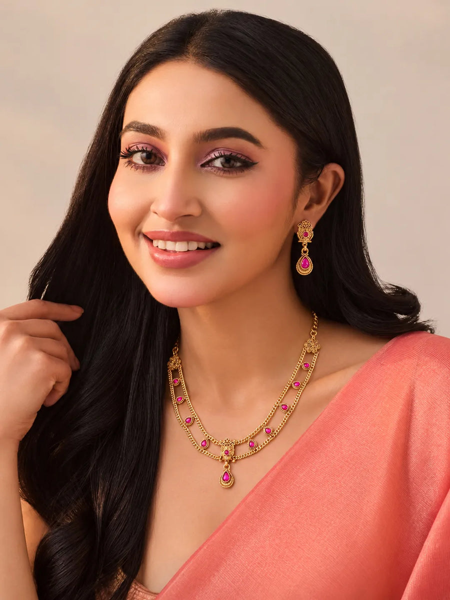 Gold Plated Ruby Statement Necklace Set