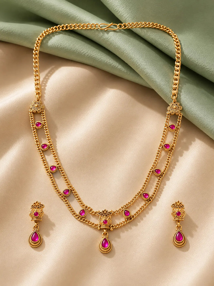 Gold Plated Ruby Statement Necklace Set