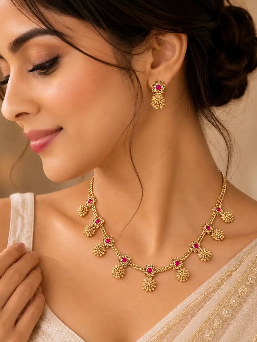 Gold Plated Ruby Traditional Necklace Set