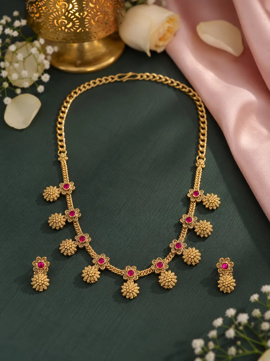 Gold Plated Ruby Traditional Necklace Set