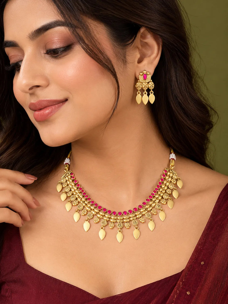 Gold Plated Ruby Radiant Necklace Set